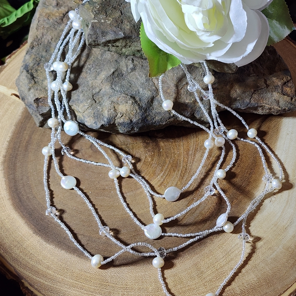 Elegant Faux Pearl and Glass Faceted Beads 5 Strand Necklace